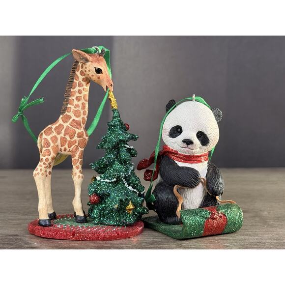 NIB Pair Danbury Mint Baby Animal Ornament Collection Giraffe And Panda - Picture 1 of 7
